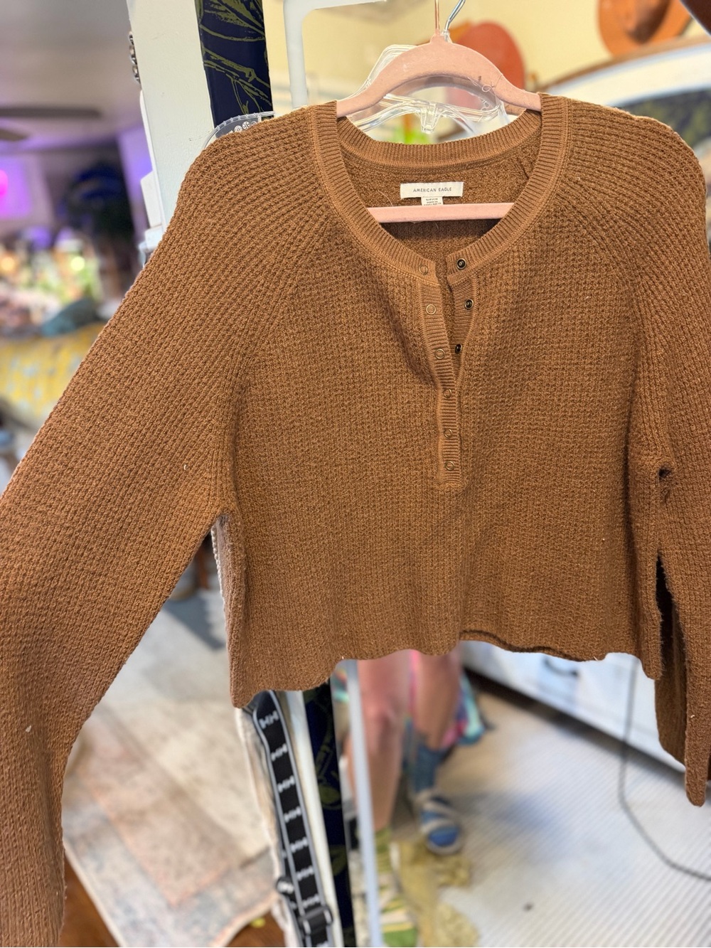 aerie Cropped Henley Sweater in Chestnut Brown